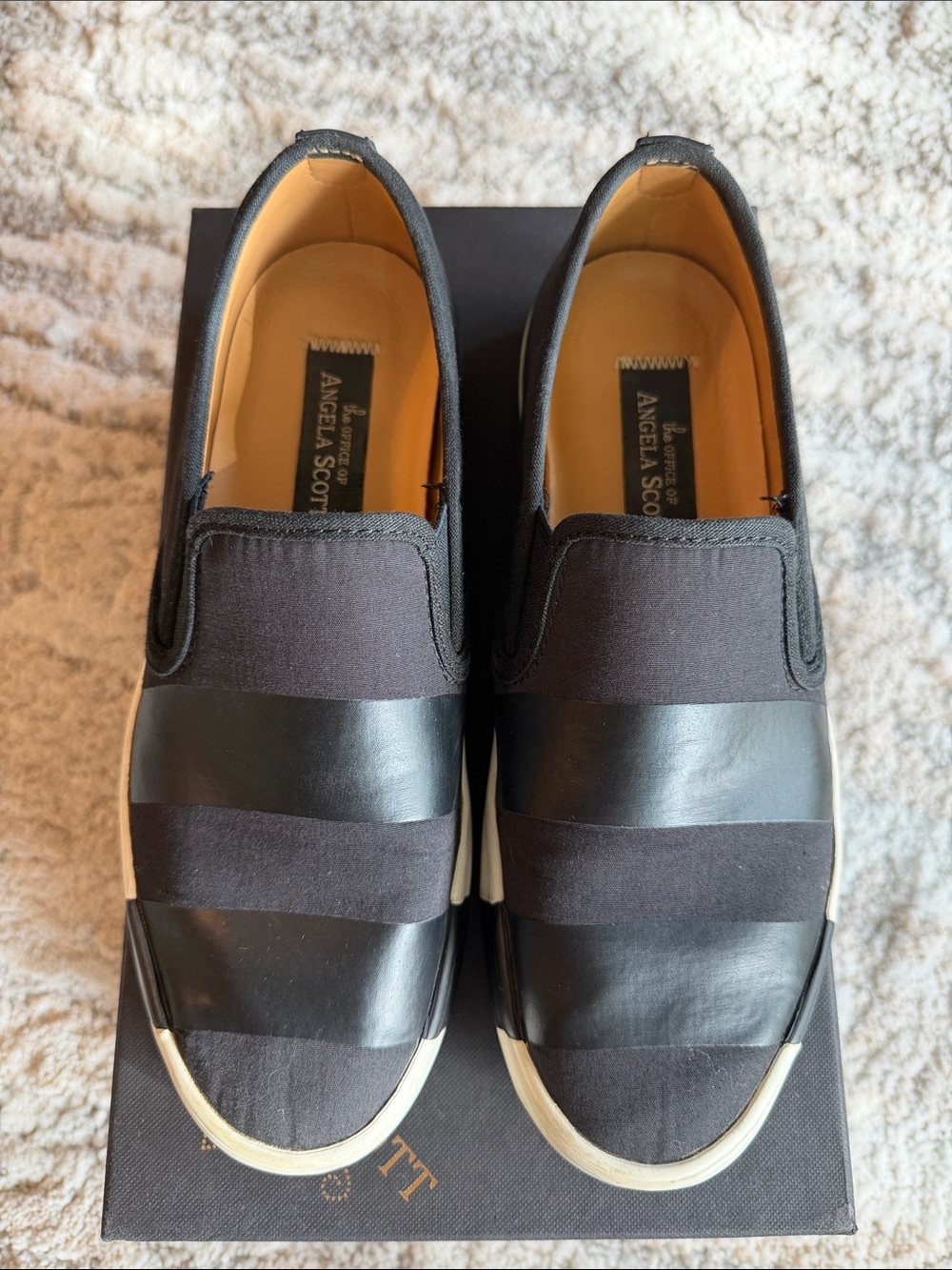 Angela Scott Black Slip-On Striped Loafers. Size 37